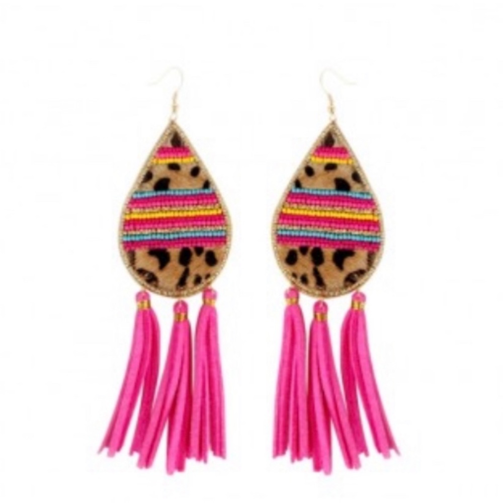 Viv & Lou Earrings Hot Pink Leopard Tear Drop Tassel Earrings Brand New